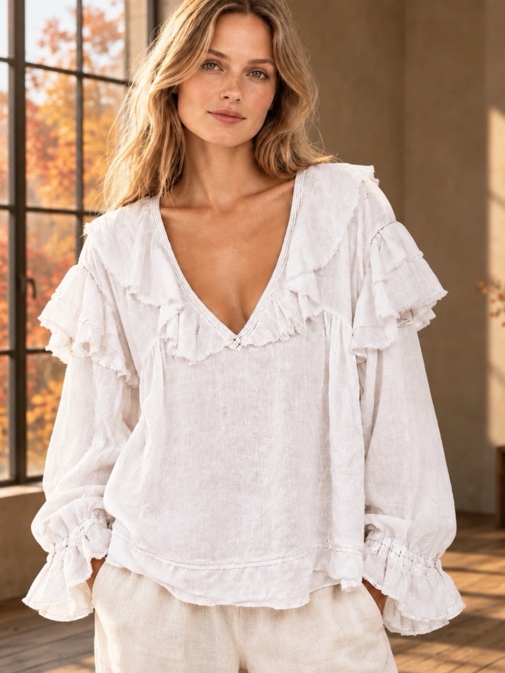 We The Free White 100% Linen Ruffle Blouse Long Sleeve Size Medium